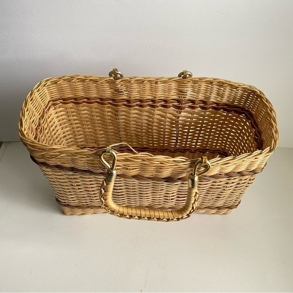 Vintage 60s Wicker Tote Bag Picnic‎ Basket Retro Purse - Picture 7 of 11